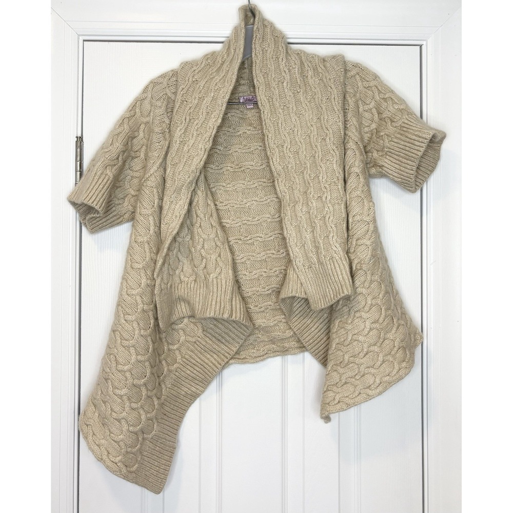 Calypso St Barth Women's Wool Blend Short Sleeve Knit Cardigan Tan Beige Medium
